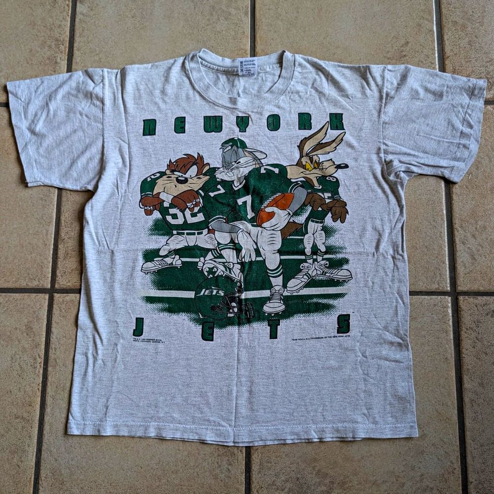Anvil New York Jets Looney Tunes Graphic Tee 1990s Menâs L Cotton Gray Single St